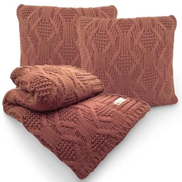 Imagem de Kit Manta Tricot Luxo 150x120cm + 2 Almofadas com Enchimento | Zíper Invisível | Fibra Siliconada | Sofá Sala | Xale Decorativo Elegante G05 (Terracota/Matte)