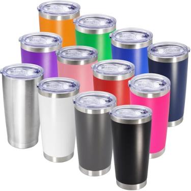 Imagem de AIANJI Copo de 590 ml de aço inoxidável a granel com tampa isolado a vácuo parede dupla caneca de café de viagem copo revestido em pó para bebidas quentes e frias (cores mistas, pacote com 12)