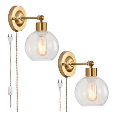 Imagem de Modxian Conjunto de 2 arandelas de parede de globo de vidro, luzes de parede de vidro vintage douradas, E26, luminária de parede ajustável de 180° para sala de estar, banheiro (pacote com 2 unidades)