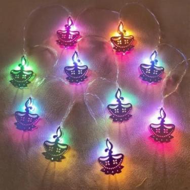 Imagem de Cordão de luzes de vela de lótus de 3 metros, 20 luzes LED multicoloridas para cortina Diya, luzes para janela, casamento, festa, decoração de quarto interno e externo (chama colorida)