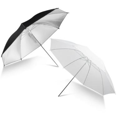 Imagem de Kit de iluminação de guarda-chuva de fotografia, guarda-chuva branco translúcido de 84 cm e difusor refletor prateado para estúdio/acessórios de iluminação de vídeo e foto ao ar livre (1 x 83 branco +