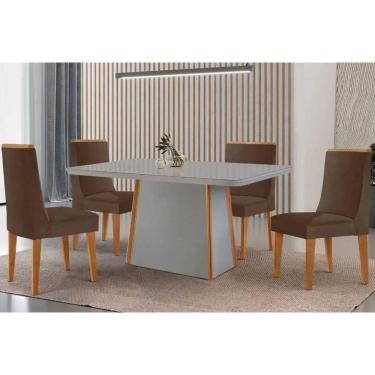 Imagem de Conjunto Sala de Jantar Tilia c/ Tampo Madeirado c/ Vidro Canto Curvo 120x80cm e 4 Cadeiras Dakota Madeira Maciça Naturale/Off White - Capuccino/Suede