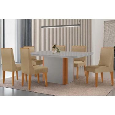 Imagem de Conjunto Sala de Jantar Pietá c/ Tampo Madeirado c/ Vidro Canto Curvo 180x90cm e 6 Cadeiras Dakota Madeira Maciça Naturale/Off White - Capuccino/Linho