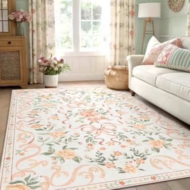 Imagem de YesRug Tapete floral com laço laranja 7,5 x 12,5 cm, lavável, boho, antiderrapante, para quarto de meninas, quarto, cabeceira, cozinha, entrada, quarto das crianças, tapetes macios ultrafinos e