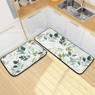 Imagem de Tapetes e tapetes de cozinha com folhas verdes de eucalipto, 2 peças, antifadiga, conjunto de tapetes de cozinha, antiderrapante, tapete de entrada, tapete de entrada, tapete de porta, corredor 51 x