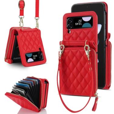 Imagem de Bolsa crossbody com zíper para cartão, bolsa carteira de couro para Samsung Galaxy Z Flip 5 4 3 Flip5 Flip4 5G alça longa capa de cordão, vermelha, para Samsung Z Flip 5
