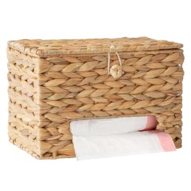 Imagem de HYVAKUPPA Dispensador de suporte de saco de lixo de vime para 13 galões com tampa suporte de parede jacinto de água natural suporte de sacos plásticos de lixo tecido à mão suporte organizador de