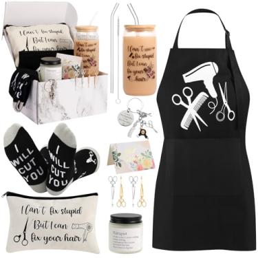 Imagem de Conjunto de 10 peças de presentes de cabeleireiro para mulheres cabeleireiras conjunto de presente de apreciação com copo, meias, bolsa de maquiagem, chaveiro, vela, clipes de cabelo, avental, cartão