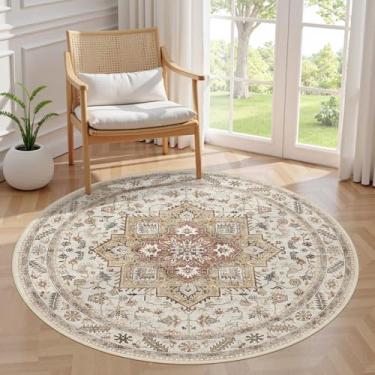 Imagem de Tapete redondo vintage para sala de estar de 1,5 m - 12,5 x 12,8 cm, grande, macio, lavável, tradicional, desgastado, tapetes para quarto - carpete de piso interno para decoração de casa e escritório