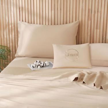 Imagem de JSD Jogo de cama Queen 100% algodão, cetim bege, 300 fios, macio, respirável, bolso profundo