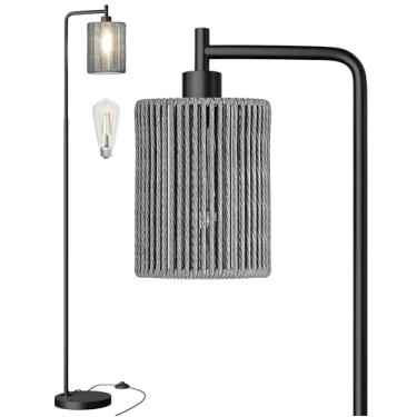 Imagem de Oneach Luminária de chão preta de 167 cm para sala de estar, luminária de chão boho com lâmpada de LED, interruptor de pé, persiana de vime cinza, lâmpada de pé de fazenda alta industrial para quarto
