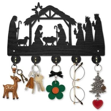 Imagem de MAYJOYDIY Porta-chaves de madeira para presépio para parede, tema natalino, cabide de 29 x 19 cm, festival, celebração, suporte de parede, cabide com 5 ganchos para entrada, cozinha, escritório