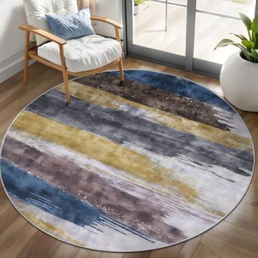 Imagem de Ciicool Tapete redondo lavável de 1,2 m, tapetes circulares abstratos modernos, antiderrapante, fino, leve, amarelo, cinza, estampa circular, tapete envelhecido para quarto, sala de estar, embaixo da