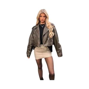 Imagem de Jaqueta Feminina de Couro Lavado Cinza - Casaco Curto com Zíper e Cint