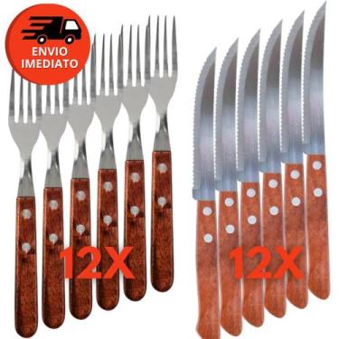 Imagem de Jogo Garfo Refeição E Faca Mesa Talher Em Inox Cabo Madeira Casa Resta
