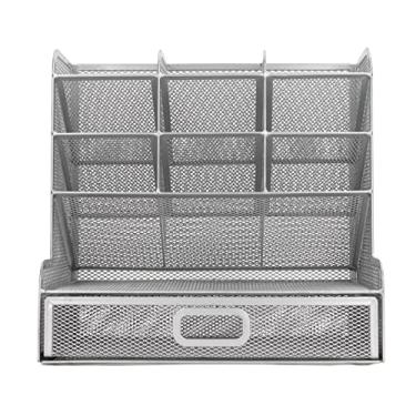 Imagem de Zhjvihx Organizador de Mesa de Malha, Armazenamento Vertical, Organizador de Caneta de Malha Inferior Antiderrapante Prateado, Gaveta Removível para Marcadores para Réguas