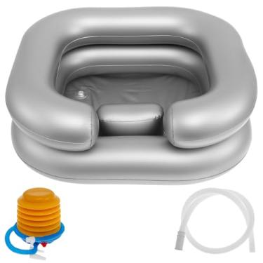 Imagem de Lavatório de cabelo inflável portátil para uso doméstico com mangueira e bomba inflável, pia inflável confortável com suporte de pescoço para banheiro (prata)