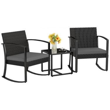 Imagem de Conjunto de Móveis de Pátio Homall 3 Peças - Conjunto de Bistrô Externo de Resina com Cadeiras de Balanço Acolchoadas e Mesa para Varanda