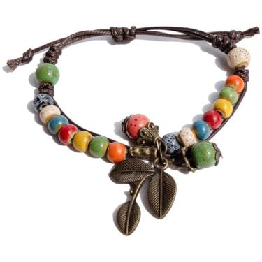 Imagem de Zlanderah Pulseiras femininas hippie, contas de cerâmica coloridas com pingente de folha, pulseira trançada étnica ajustável, joia feita à mão para irmãs amigas