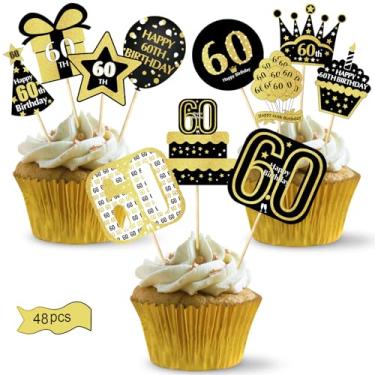 Imagem de Pimvimcim 48 peças de enfeites de cupcake de 60º aniversário para homens e mulheres, enfeite de bolo de aniversário de 60 anos, decoração de palitos de cupcake de feliz aniversário de 60 anos