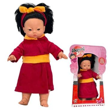 Imagem de Boneca Oriental Asiática Akemi Com Kimono Vermelho e Amarelo 35cm - Co
