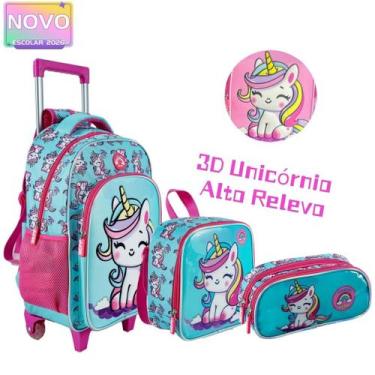 Imagem de Kit Mochila Rodinha 3D Unicórnio Alto Relevo Com Lancheira Térmica Est