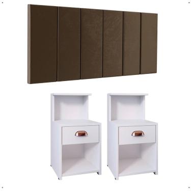 Imagem de Kit 2 Mesinhas Gaveta Prateleira Suspensa Cléo Branco Cabeceira Estofada Suede Júlia Cama Casal 1,40 Marrom Quarto - RPM
