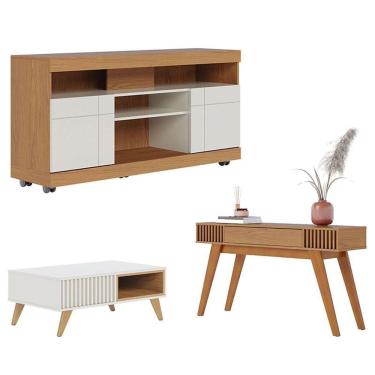 Imagem de Rack Bancada Yara Freijó Off White Com Mesa De Centro Jeri Off White Freijó E Aparador Riviera Freijó - Colibri