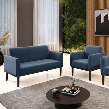 Imagem de Conjunto Poltrona E Namoradeira Decorativa Pés Fixo Em Madeira Preto Suede Azul Marinho