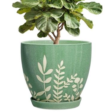 Imagem de EPFamily Vaso de cerâmica de 25 cm com drenagem e pires - Vaso de flores decorativo grande para plantas internas e externas, plantador interno redondo, presentes para amantes de plantas, decoração de