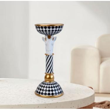 Imagem de Suporte de castiçal de animal coroado preto e branco com detalhes dourados estátua de resina eclética para decoração de casa moderna, centro de mesa