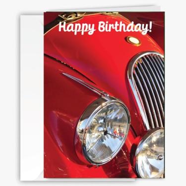 Imagem de Cartão de feliz aniversário com tema de carro vermelho vintage – Tamanho maior com sentimento divertido dentro, vem com envelope para fácil presente, foto divertida grátis na parte de trás – Cartão de