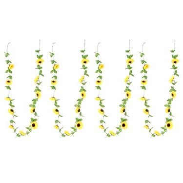 Imagem de Guirlanda de girassol artificial, decorações de videira de flores de plástico, girassóis amarelos vívidos duráveis ​​de alta qualidade com folhas verdes escuras para festa de