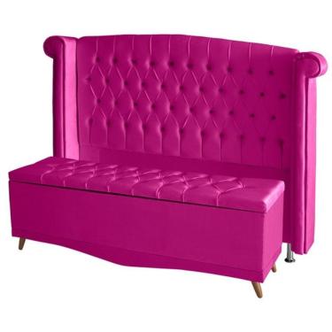 Imagem de Kit Cabeceira De Cama Box E Calçadeira Baú Luxo Queen 160 Cm Suede Rosa Pink Eli Móveis