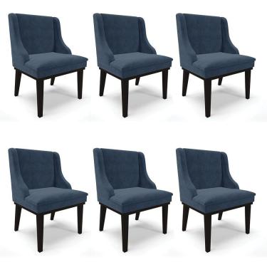 Imagem de Kit 06 Cadeiras De Jantar Suede Azul Marinho Base Madeira