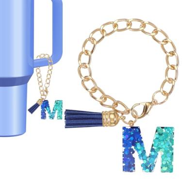 Imagem de Berloque de letras para copo Stanley, lindo pingente inicial M acessórios para chaveiro Stanley Tumbler Handle chaveiro personalizado para mulheres, azul