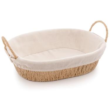 Imagem de Cesta Oval com Alças, Material Natural Trançado com Forro de Algodão Bege, Organizador Decorativo