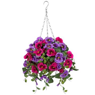 Imagem de Briful Cesta de flores artificiais para pendurar ao ar livre – 65 cm resistente aos raios UV rosa choque e roxo planta pendurada com bola de 39 cm, flores falsas à direita para decoração de varanda