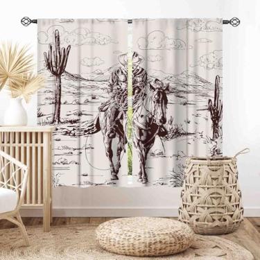 Imagem de Cortinas ocidentais para sala de estar, vintage rústico vaqueiros do oeste selvagem montando a cavalo no deserto, cortinas de janela de campo desenhadas à mão, tratamentos para quarto, cozinha