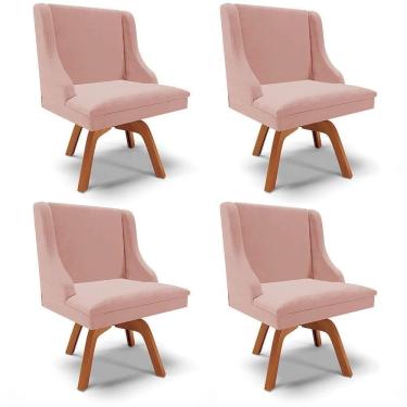 Imagem de Kit 4 Cadeiras Estofadas Base Giratória De Madeira Lia Veludo Rosê - Ibiza