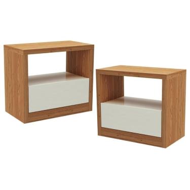 Imagem de Kit 02 Mesas De Cabeceira Moderna 1 Gaveta Cameron D03 Freijó Off White - Lyam Decor