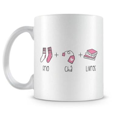 Imagem de Caneca Perolada Branca de Porcelana - Frio, Chá e Livros - Amo Canecas