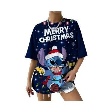 Imagem de Camiseta Feminina Oversized Disney Stitch De Natal Manga Curta Casual 