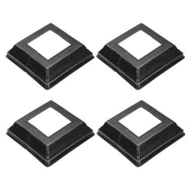 Imagem de PATIKIL Pacote com 4 saias de poste de cerca, 6 x 6 cm estilo dividido quadrado deck cobertura base flange plástico sapato de base para trilhos cerca escada trilhos varanda pátios, preto