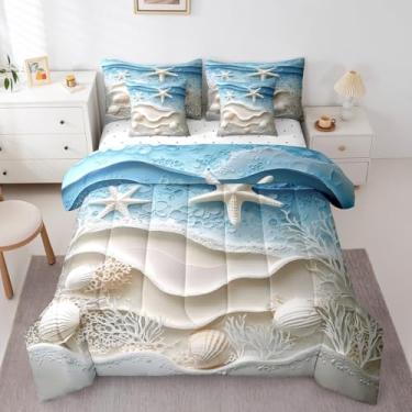 Imagem de Erosebridal Conjunto de edredom Queen oceano, praia, litoral, náutico costeiro, estrela-do-mar, concha coral em uma bolsa, para crianças, meninos, meninas, ondas do mar, bege, azul, decoração de