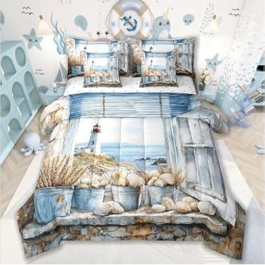 Imagem de Erosebridal Jogo de cama solteiro de praia à beira-mar, farol e oceano, para adultos, homens, adolescentes e mulheres, conjunto de cama de fazenda de madeira costeira com edredom, azul