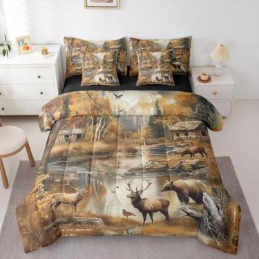 Imagem de Erosebridal Jogo de cama Queen com estampa de urso, 7 peças, com lençóis, veado, rio, cabana de tronco, chifres de pássaros, floresta e paisagem, para adolescentes, homens e mulheres