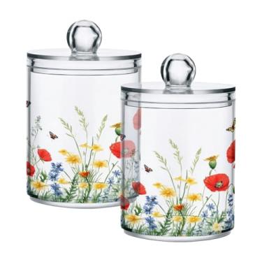 Imagem de Qilmy Qtip Suporte de 400 ml, frasco de armazenamento de boticário de plástico transparente de flores silvestres com tampa, dispensador de recipiente de banheiro para bola de algodão, cotonete, fio