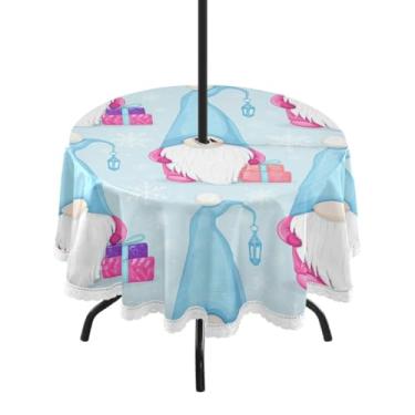 Imagem de Qilmy Toalha de mesa redonda à prova d'água com chapéu de Natal Gnomos 152 cm com orifício para guarda-chuva e zíper – Uso externo / interno resistente para pátio, churrascos, piqueniques, festas