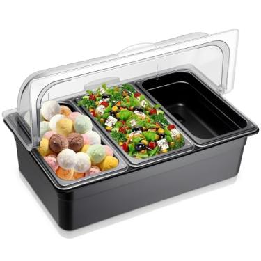 Imagem de Tiangrid Recipiente para servir comida de bancada, suporte de condimentos gelado com tampa, bandeja de plástico para servir alimentos com grande base para sorvete de frutas, salada, restaurante